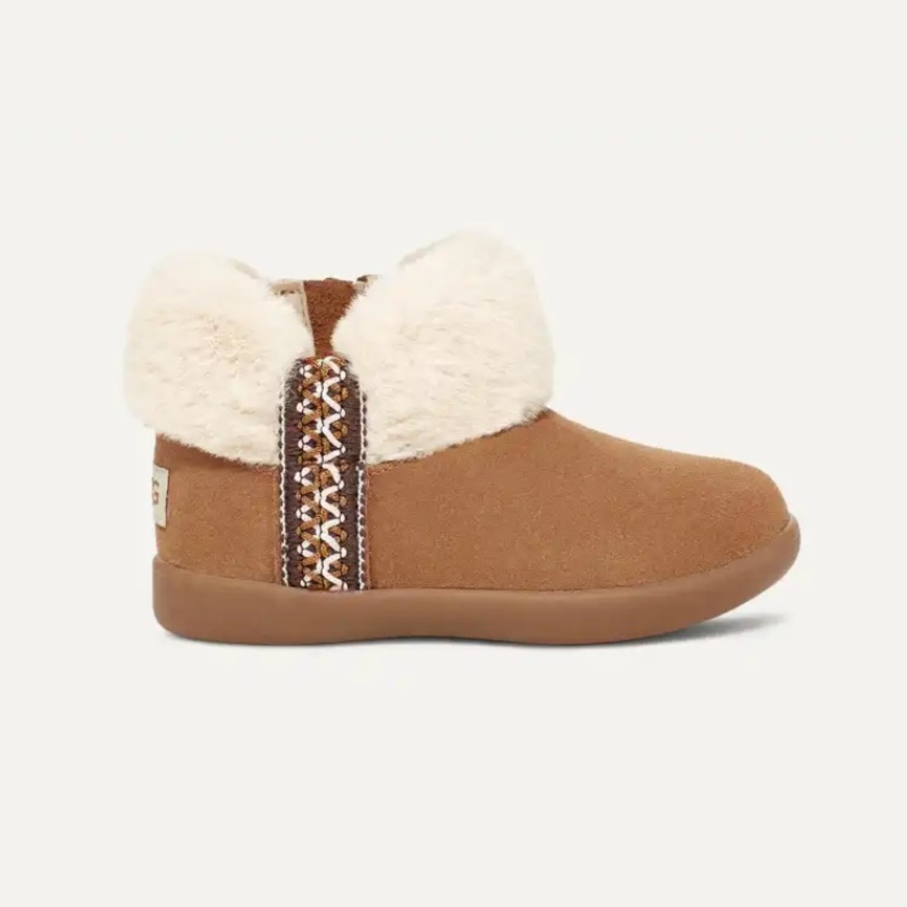 UGG Tan Suede Kids Boots Cream Faux Fur 12